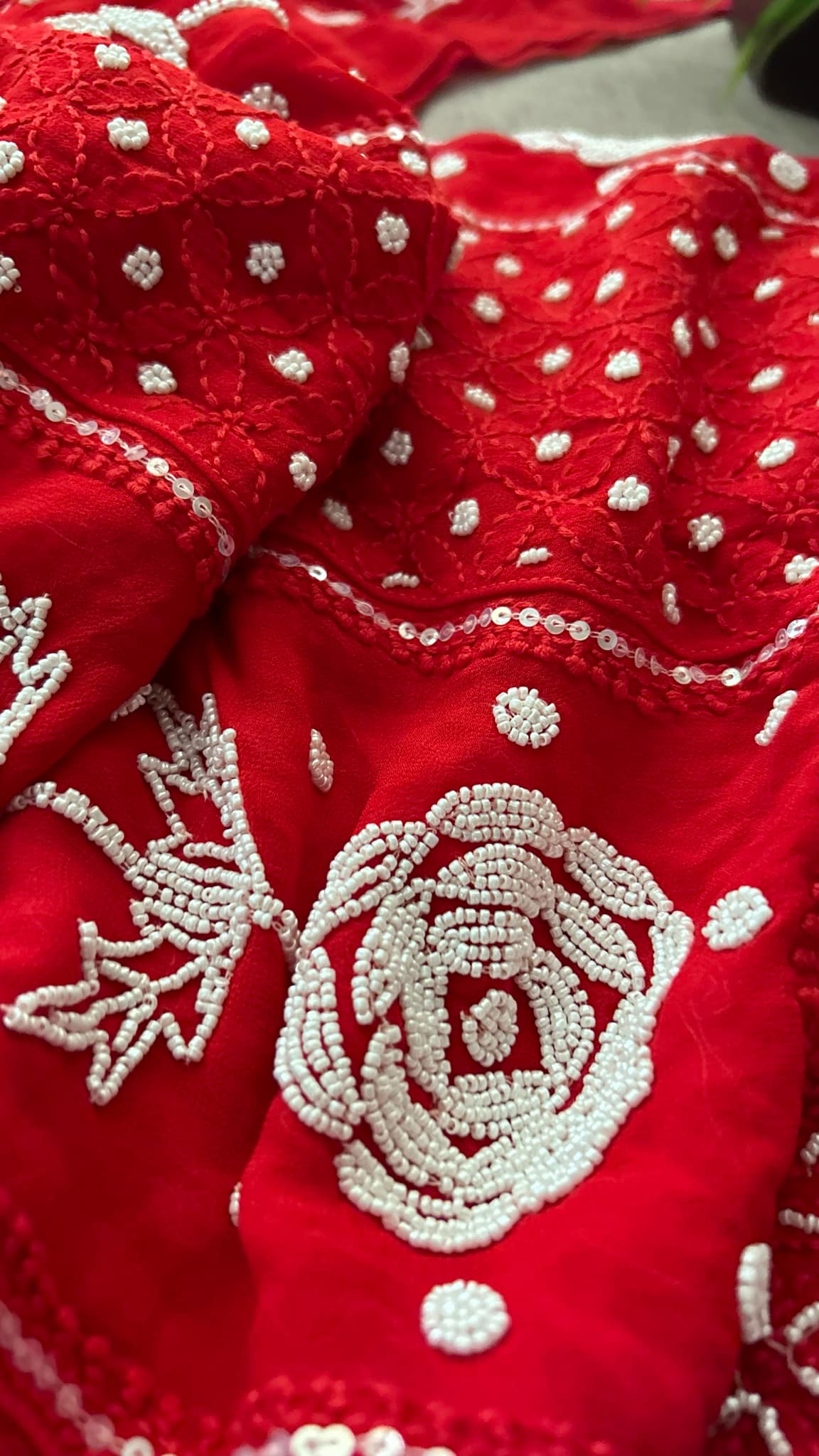 Pre Order Red Pearl Chikankari Anarkali (Anarkali & Dupatta)