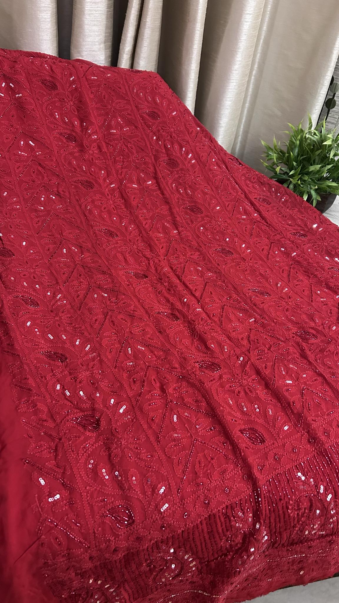 Maroonish Red Party Wear Cut Dana Chikankari Kurta Dupatta Set