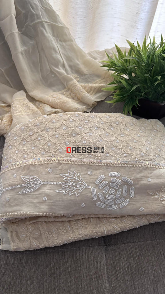 Cream Pearl Chikankari Anarkali (Anarkali & Dupatta)