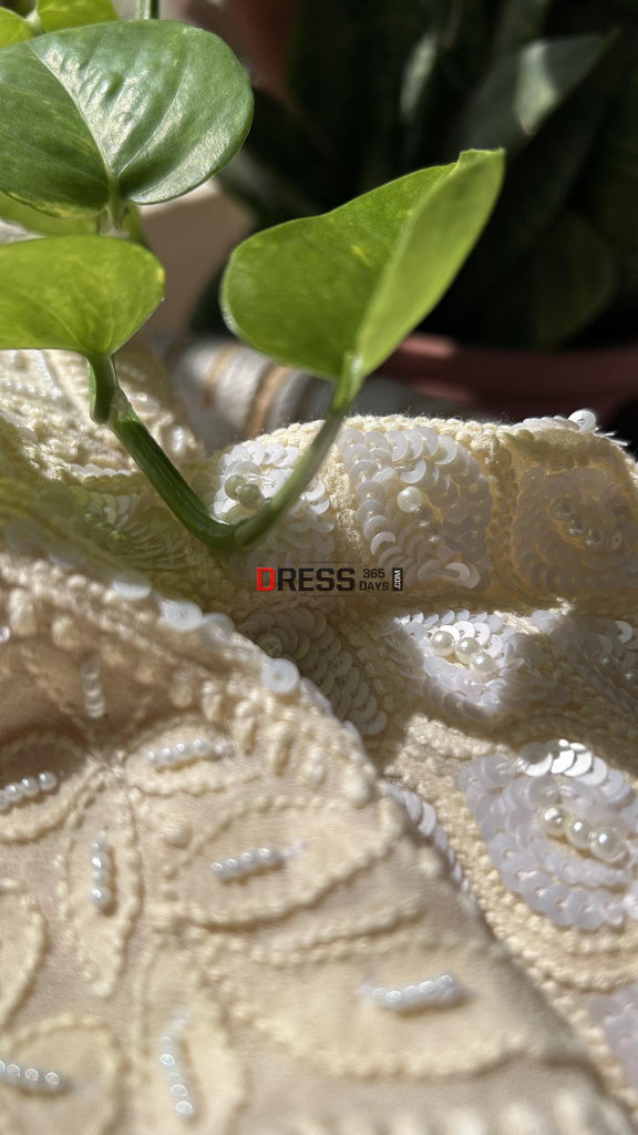 Cream Pearl & Sequins Chikankari Anarkali (Anarkali Dupatta)