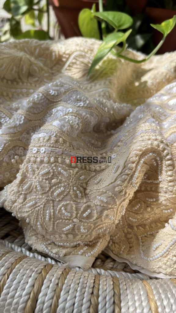 Cream Pearl & Sequins Chikankari Anarkali (Anarkali Dupatta)