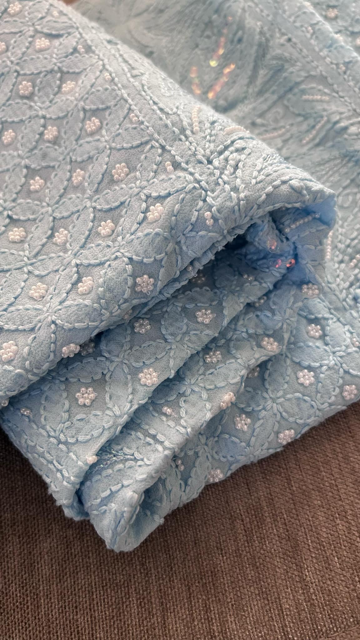 Powder Blue Pearl Lucknowi Chikankari Suit (Kurta & Dupatta)