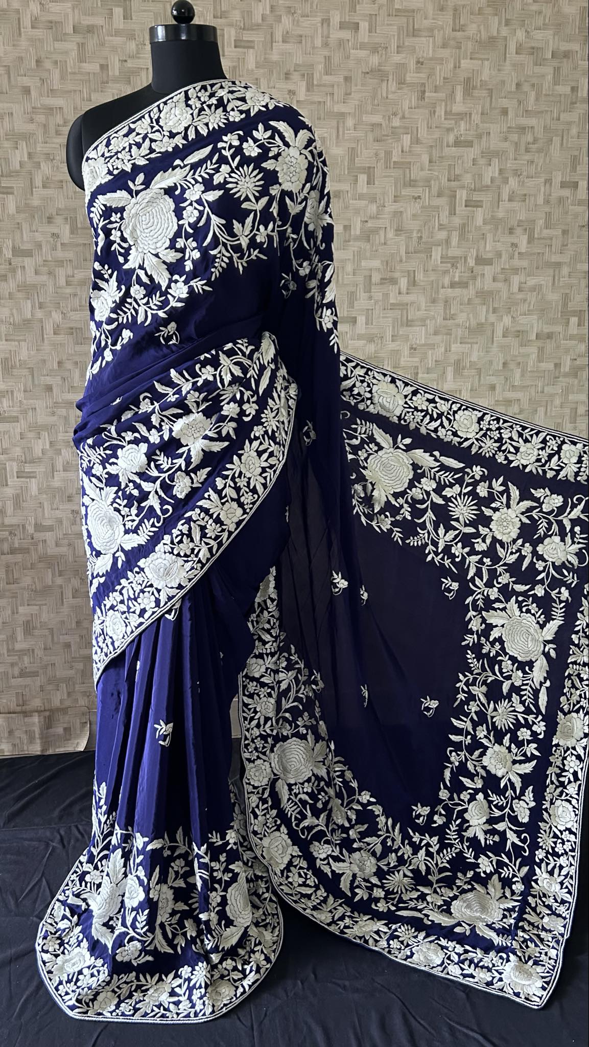 Designer Navy & Ivory Parsi Gara Saree