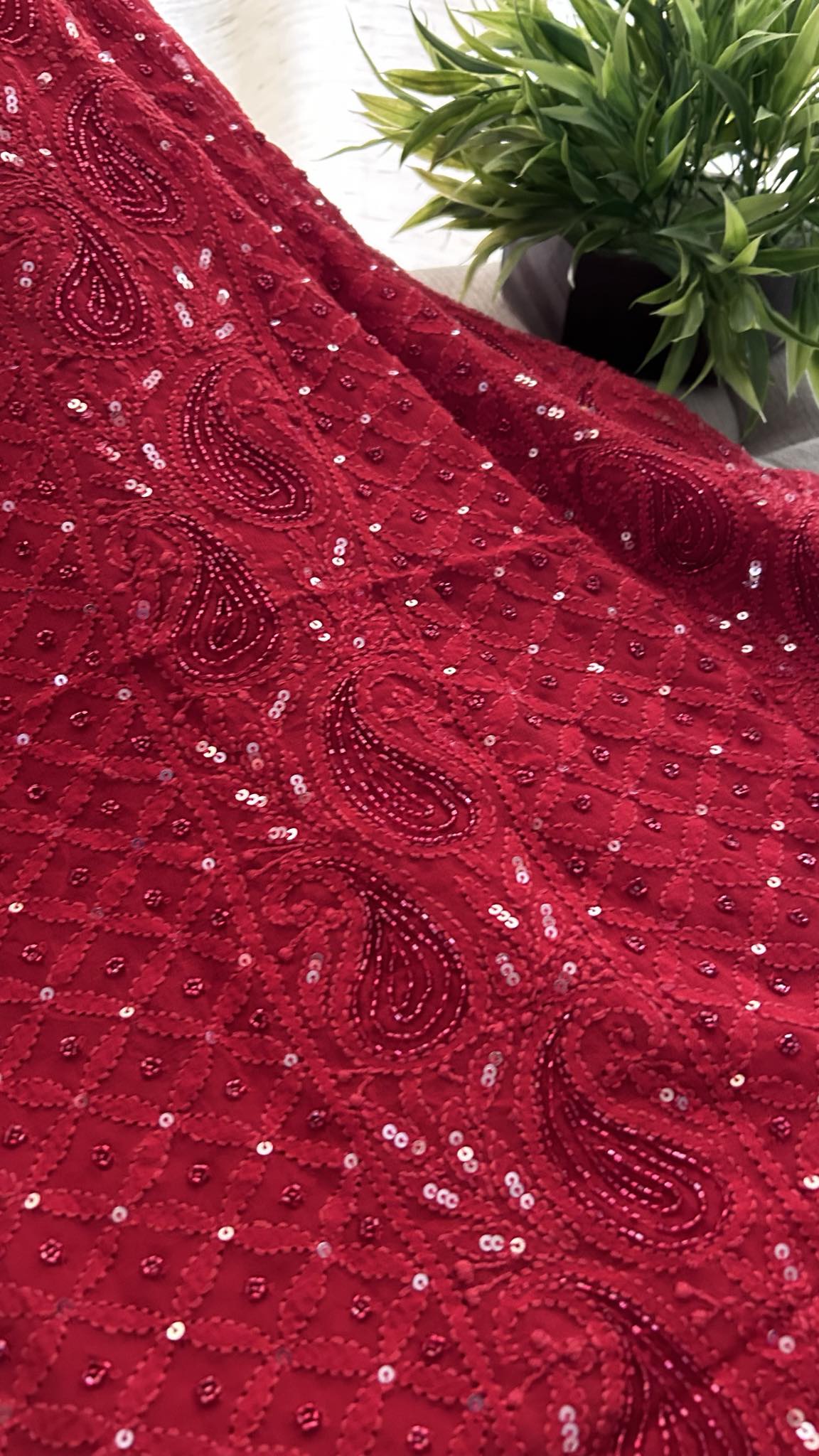 Red Party Wear Cut Dana Chikankari Kurta Dupatta Set