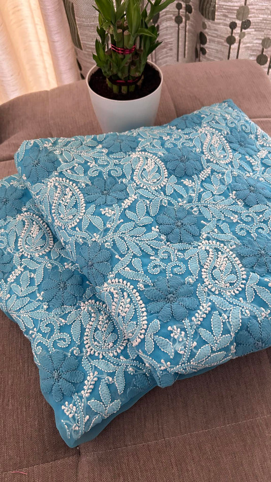 Turquoise Blue Chikankari Georgette Three Piece Suit