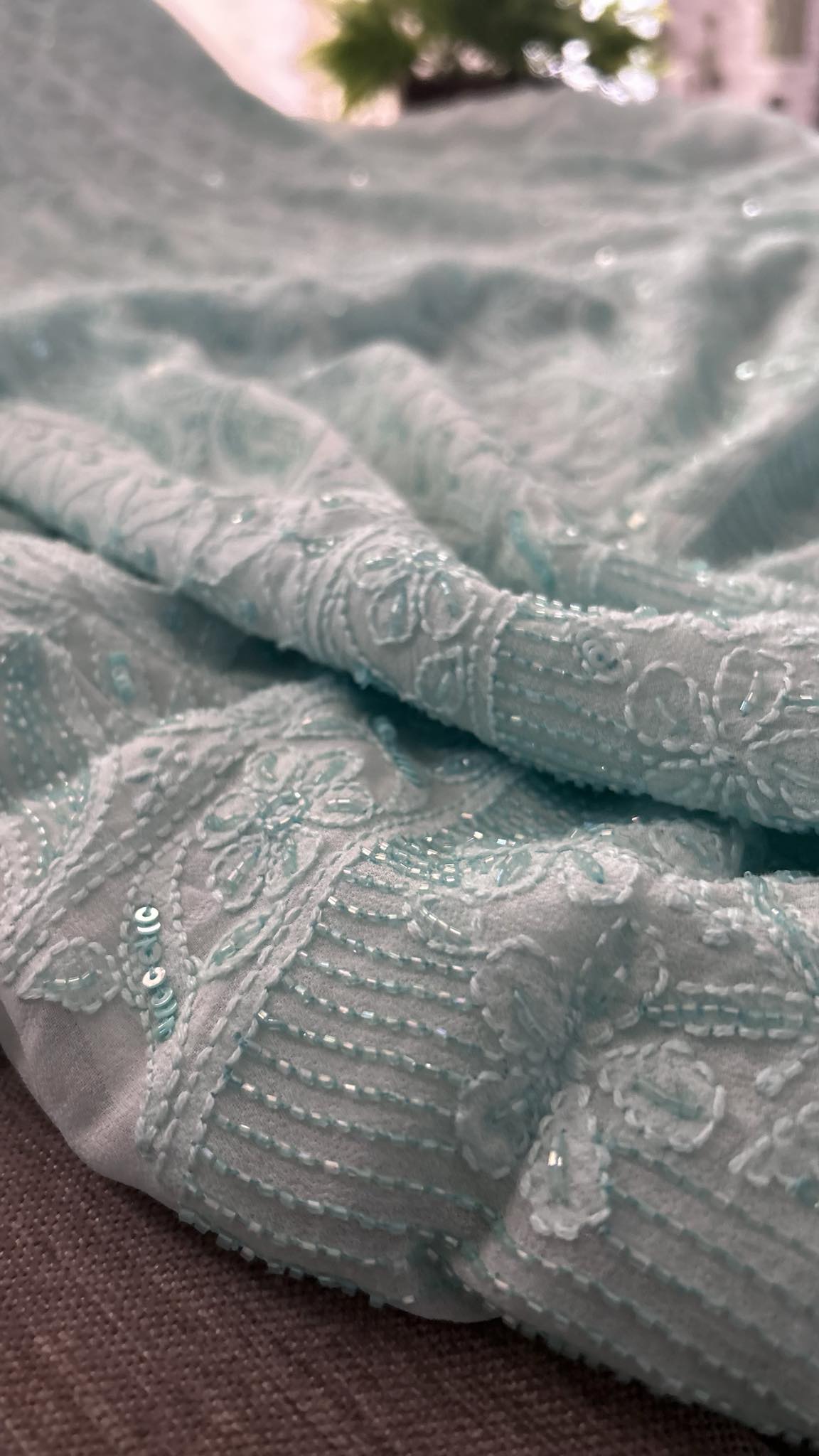 Sea Green Party Wear Cut Dana Chikankari Kurta Dupatta Set