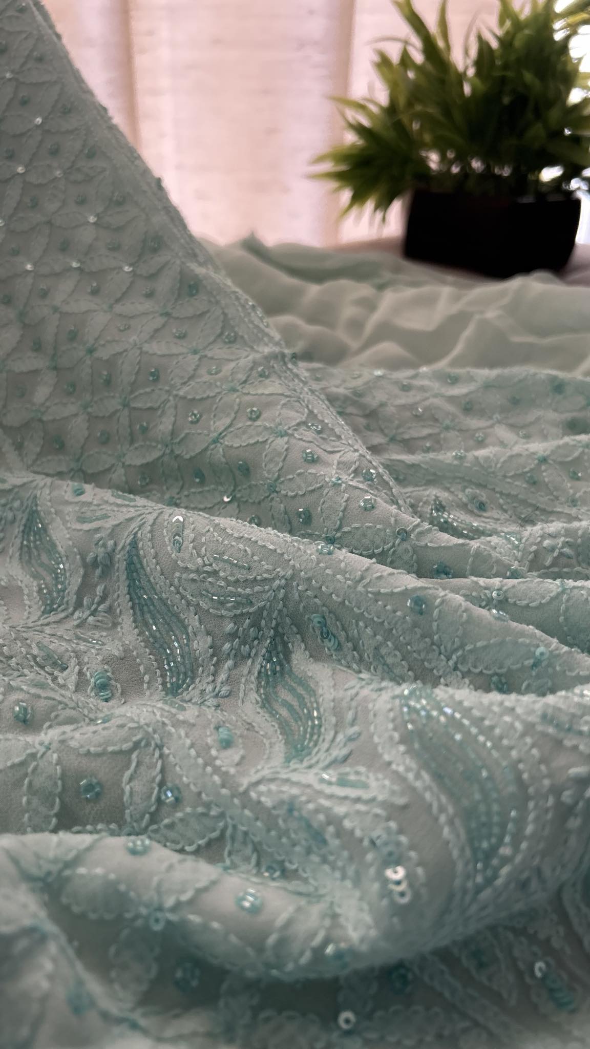 Sea Green Party Wear Cut Dana Chikankari Kurta Dupatta Set