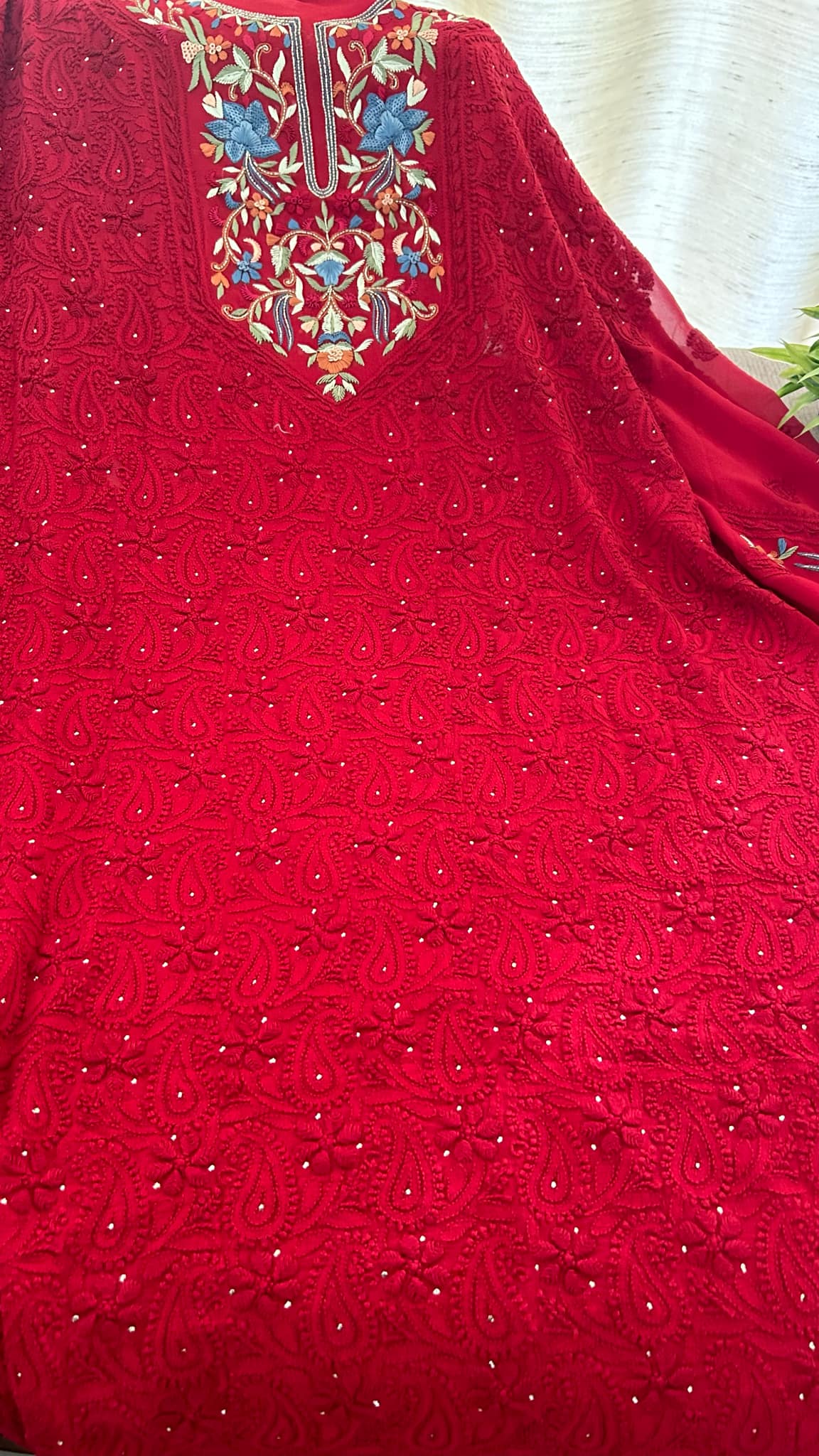 Red Chikankari & Kamdani Multicolour Neckline Suit