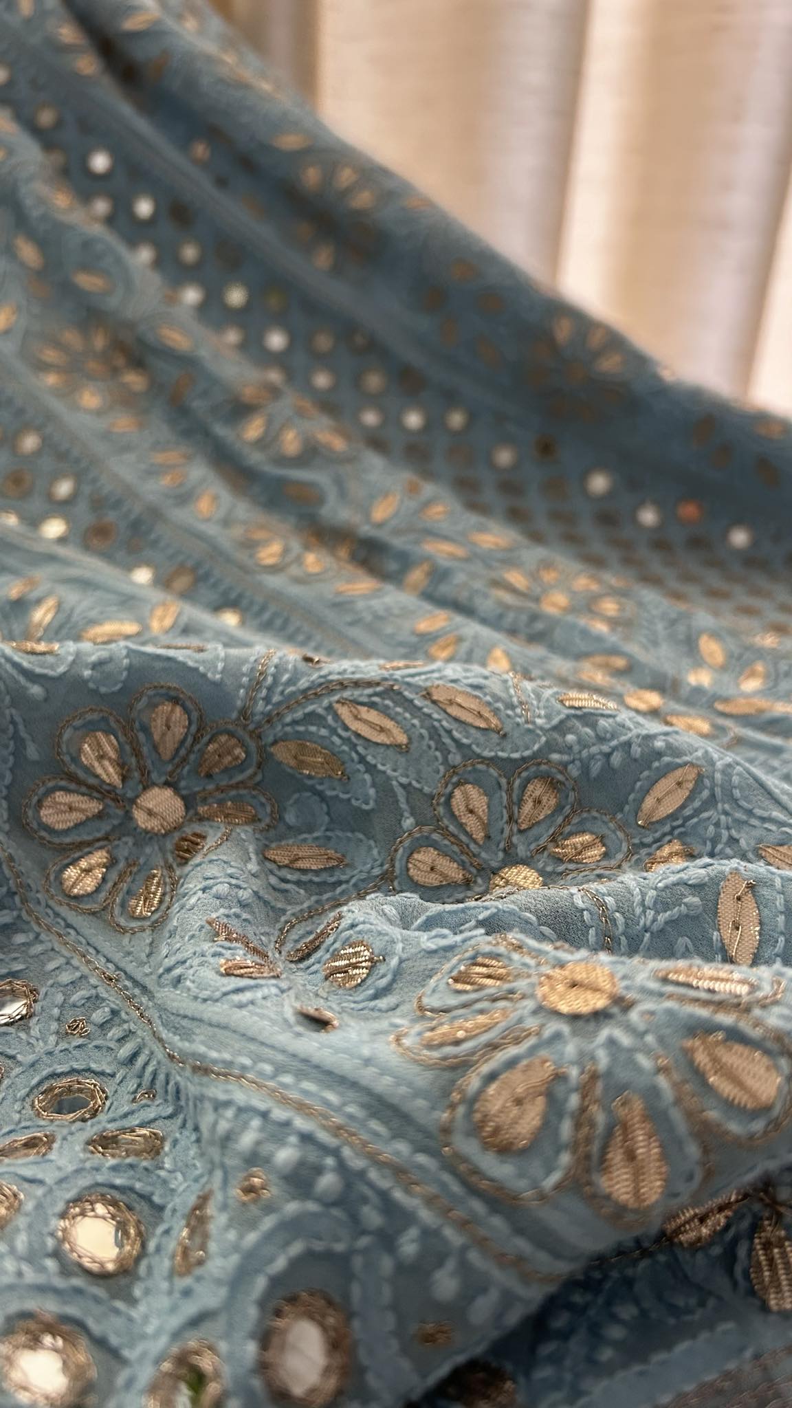 Powder Blue Mirror Gota Patti Chikankari Anarkali Suit