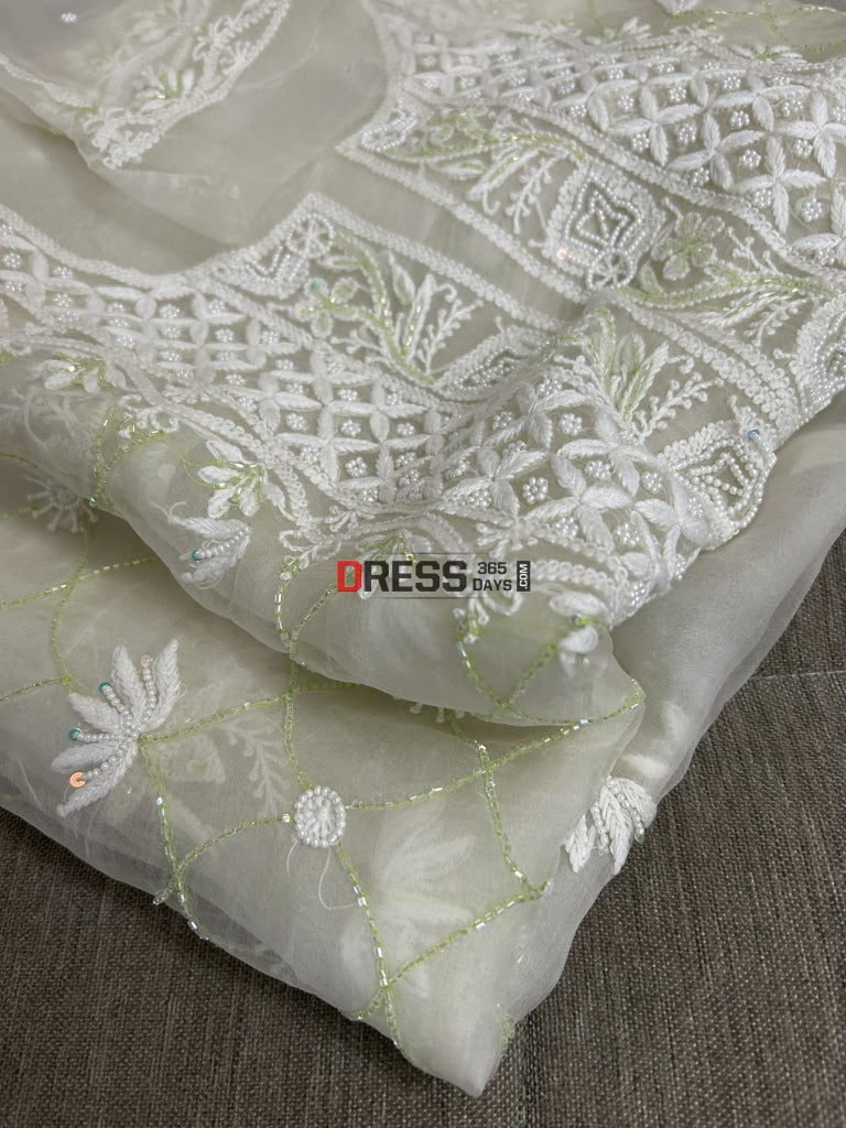 Designer Ivory Organza Pearls & Cut Dana Chikankari Suit Suits