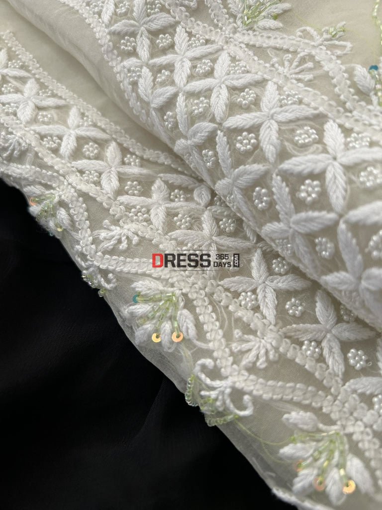 Designer Ivory Organza Pearls & Cut Dana Chikankari Suit Suits