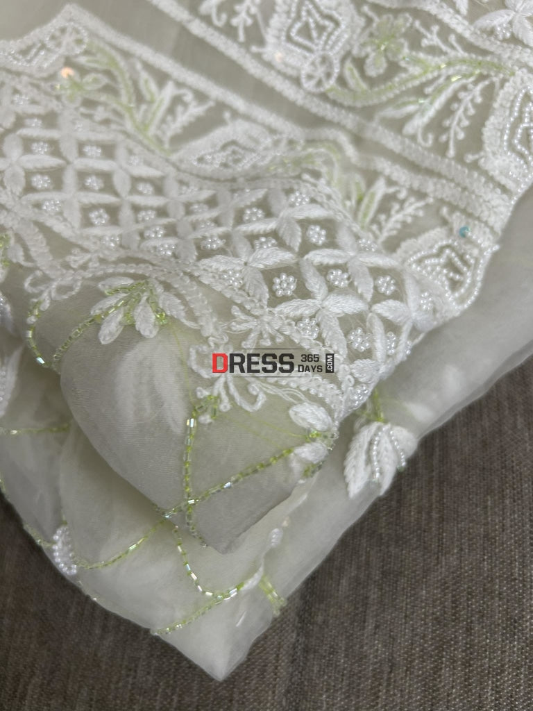 Designer Ivory Organza Pearls & Cut Dana Chikankari Suit Suits