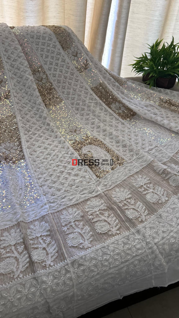 Designer Pearl & Sequins Chikankari Anarkali Suit