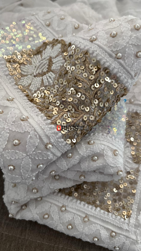 Designer Pearl & Sequins Chikankari Anarkali Suit