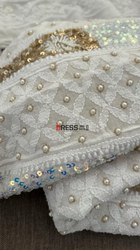 Designer Pearl & Sequins Chikankari Anarkali Suit