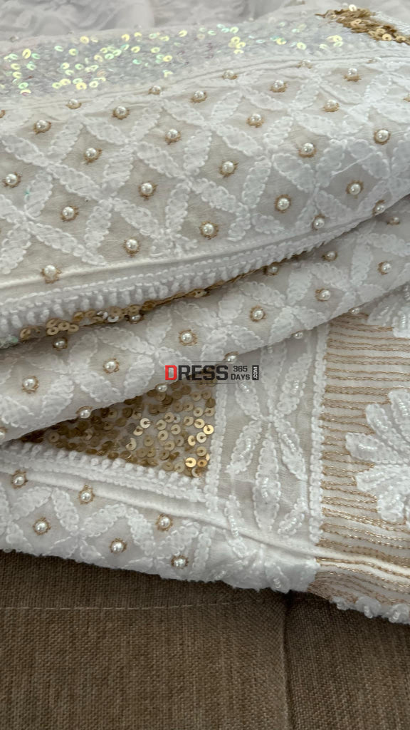 Designer Pearl & Sequins Chikankari Anarkali Suit