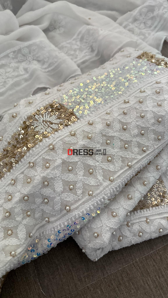 Designer Pearl & Sequins Chikankari Anarkali Suit