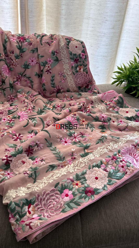 Designer Pink Floral Parsi Gara Pure Georgette Saree