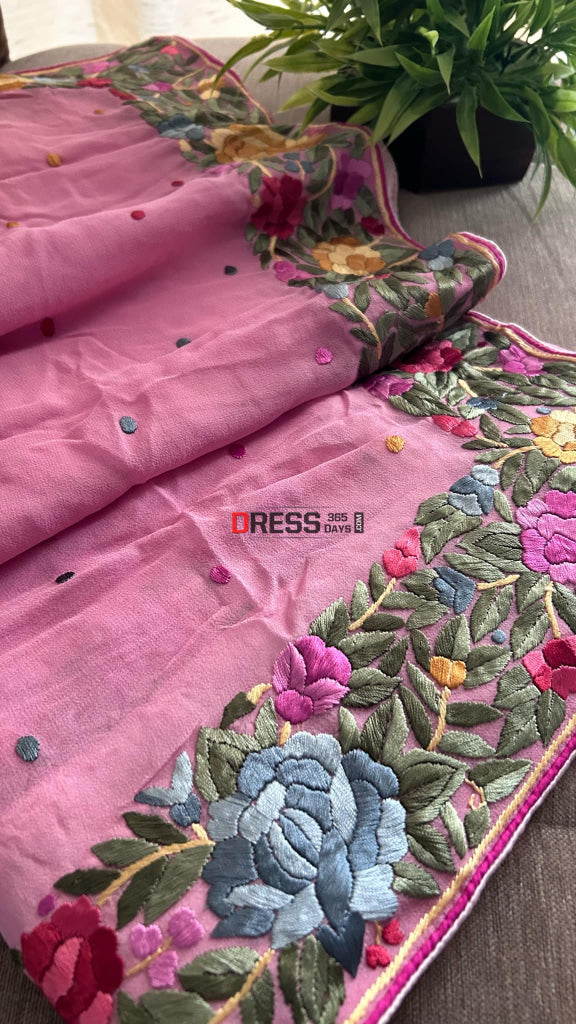 Designer Rose Pink Parsi Gara Hand Embroidered Dupatta