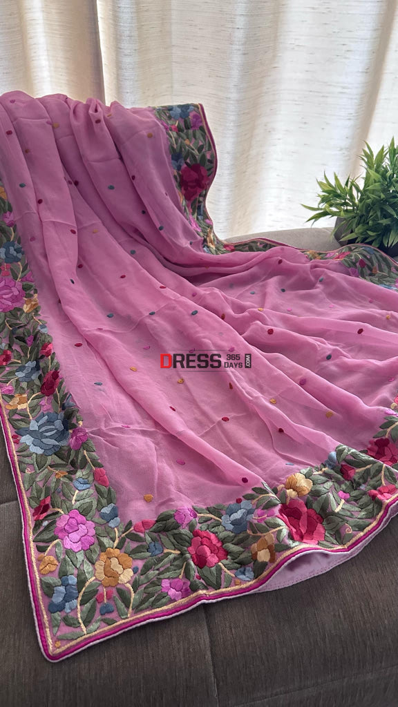 Designer Rose Pink Parsi Gara Hand Embroidered Dupatta