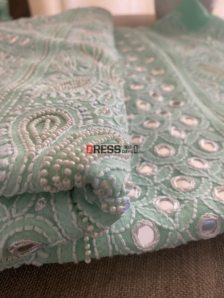 Designer Sea Green Pearl & Mirror Chikankari Suit Suits