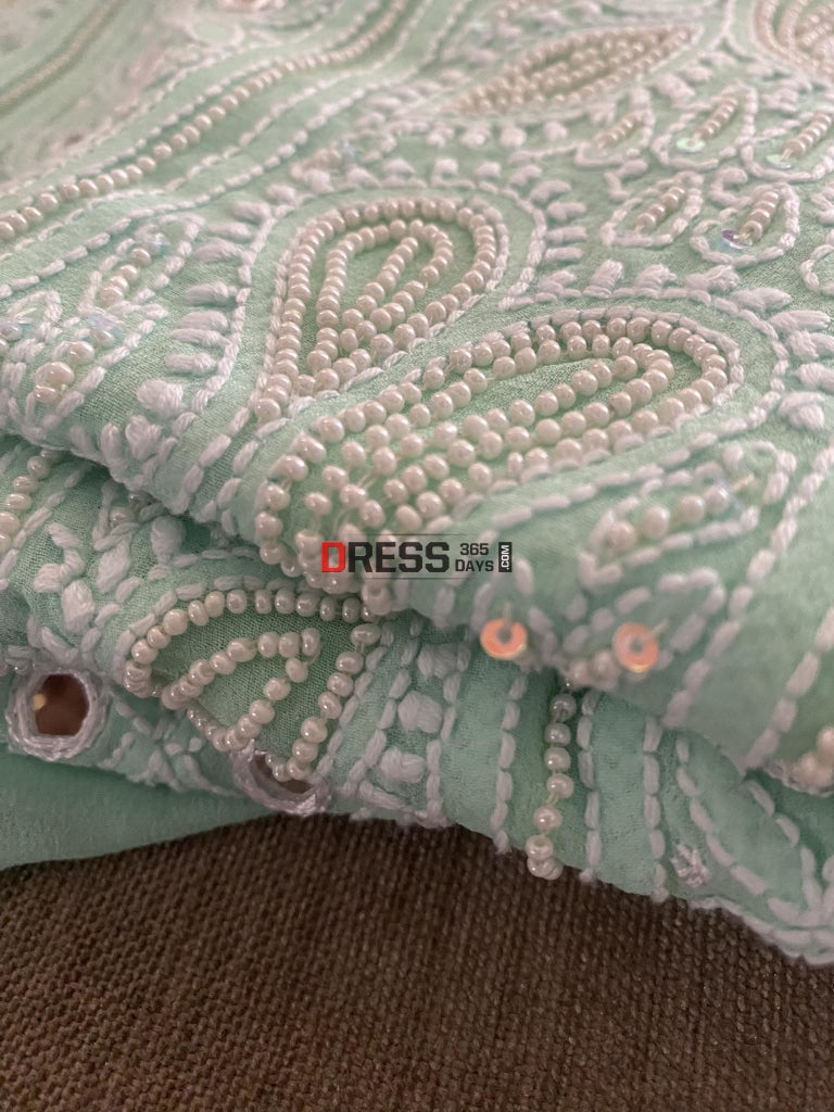 Designer Sea Green Pearl & Mirror Chikankari Suit Suits