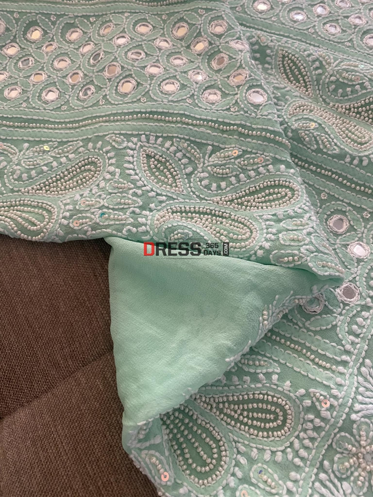 Designer Sea Green Pearl & Mirror Chikankari Suit Suits