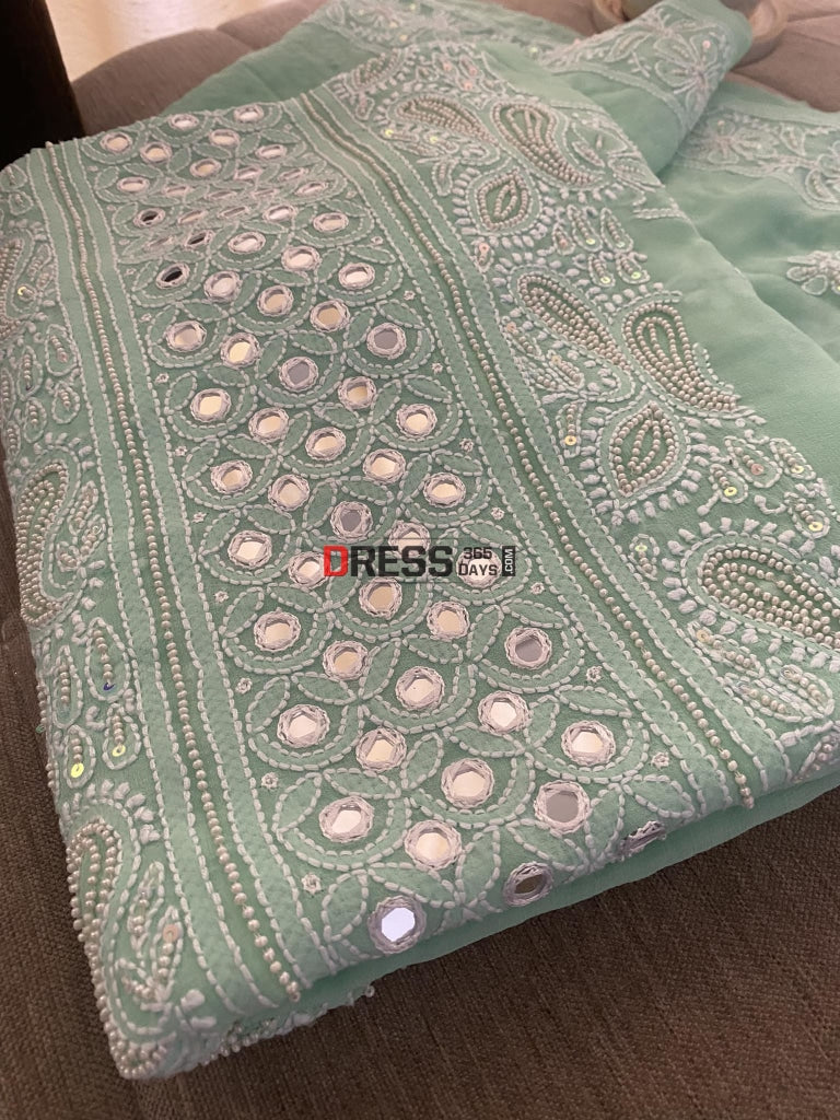 Designer Sea Green Pearl & Mirror Chikankari Suit Suits