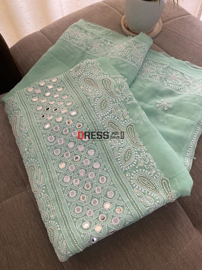 Designer Sea Green Pearl & Mirror Chikankari Suit Suits