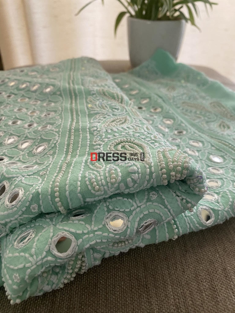 Designer Sea Green Pearl & Mirror Chikankari Suit Suits