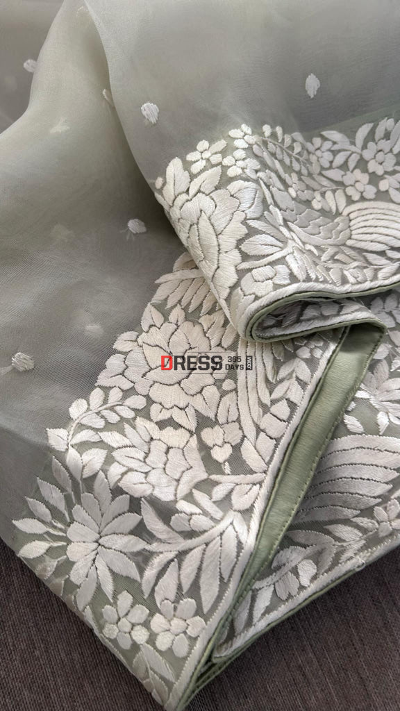 Dusty Green Organza Parsi Gara Saree Parsi Gara Saree