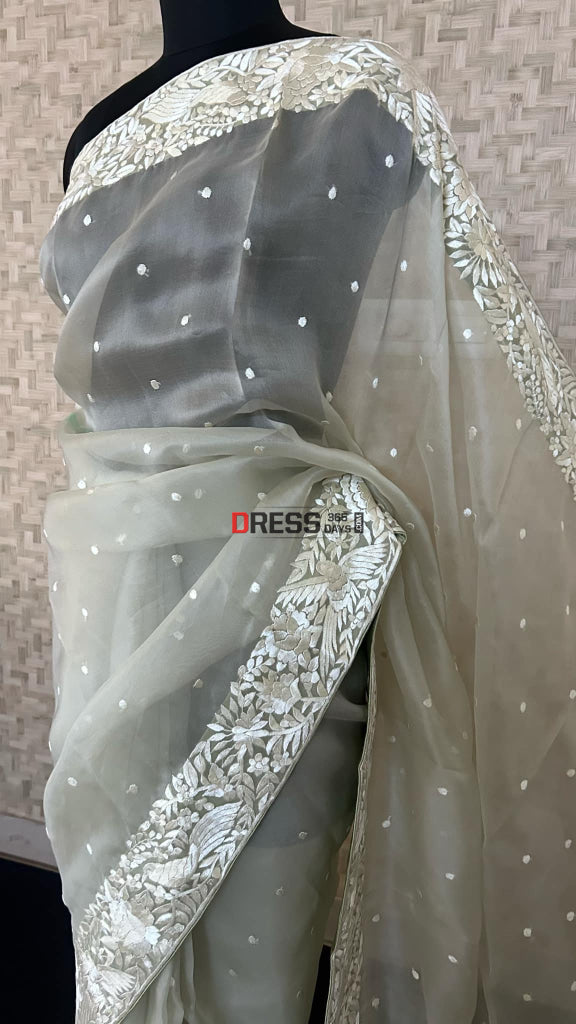 Dusty Green Organza Parsi Gara Saree Parsi Gara Saree