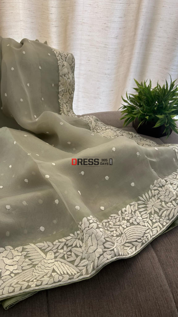 Dusty Green Organza Parsi Gara Saree Parsi Gara Saree