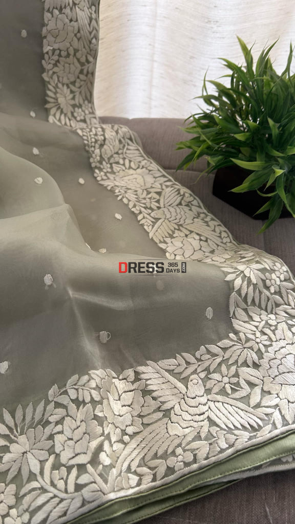Dusty Green Organza Parsi Gara Saree Parsi Gara Saree