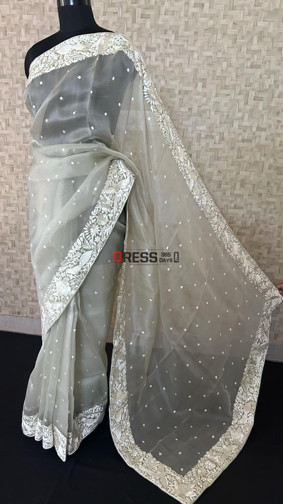 Dusty Green Organza Parsi Gara Saree Parsi Gara Saree