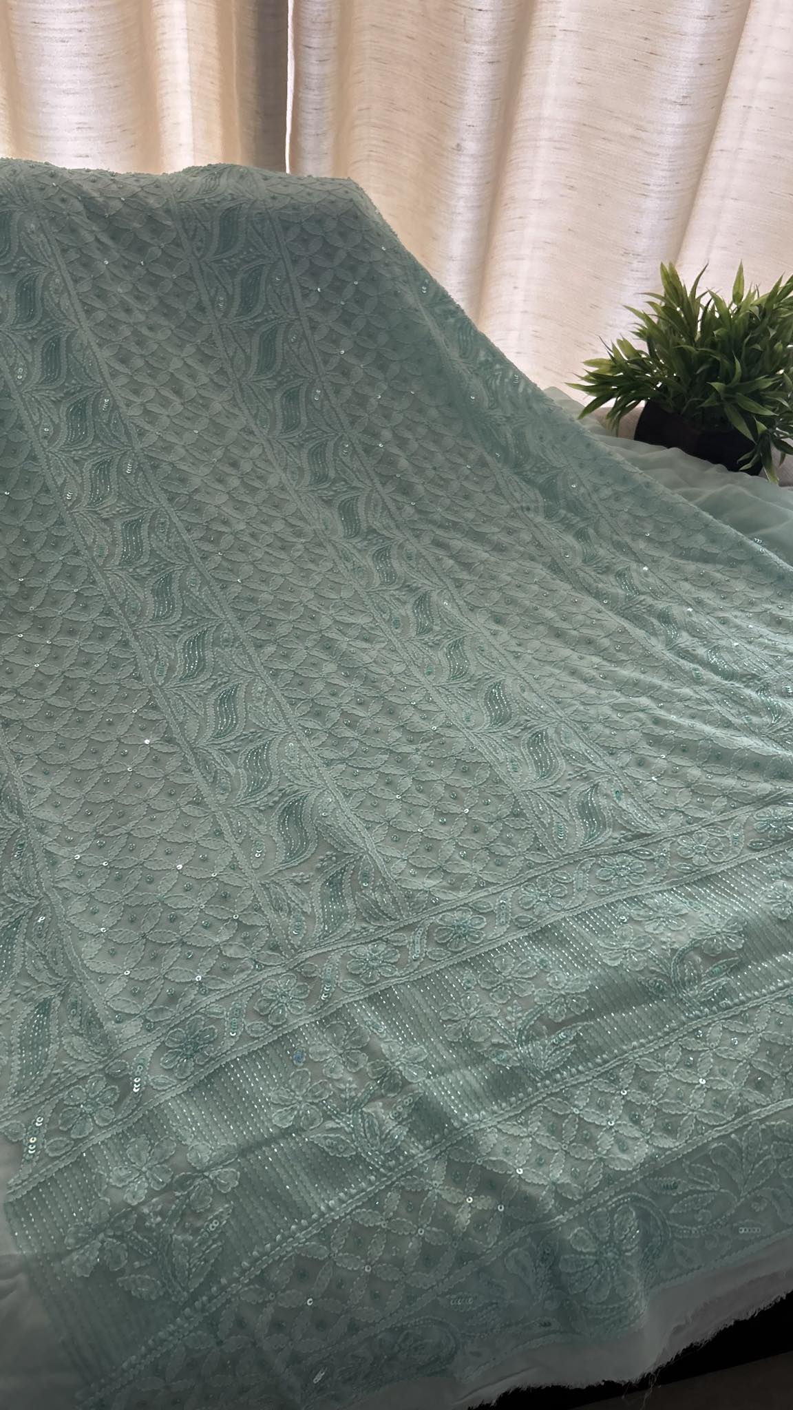 Sea Green Party Wear Cut Dana Chikankari Kurta Dupatta Set