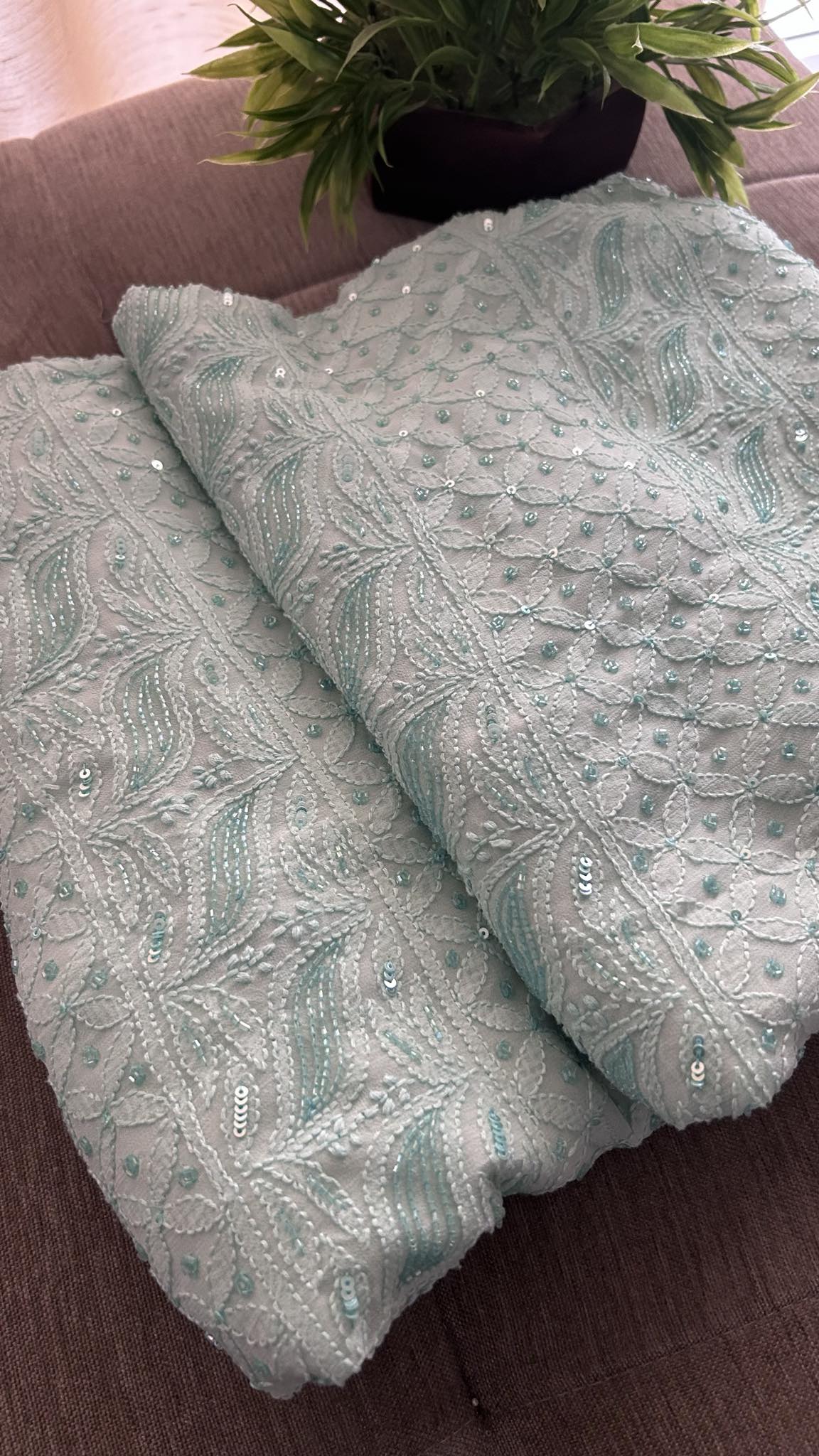 Sea Green Party Wear Cut Dana Chikankari Kurta Dupatta Set