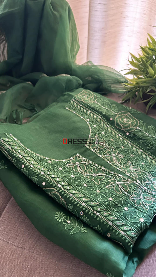 Emerald Green Organza Chikankari Suit (Kurta & Dupatta)- Festive Collection Suits