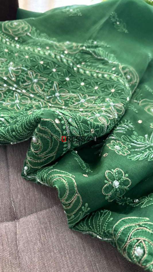 Emerald Green Organza Chikankari Suit (Kurta & Dupatta)- Festive Collection Suits