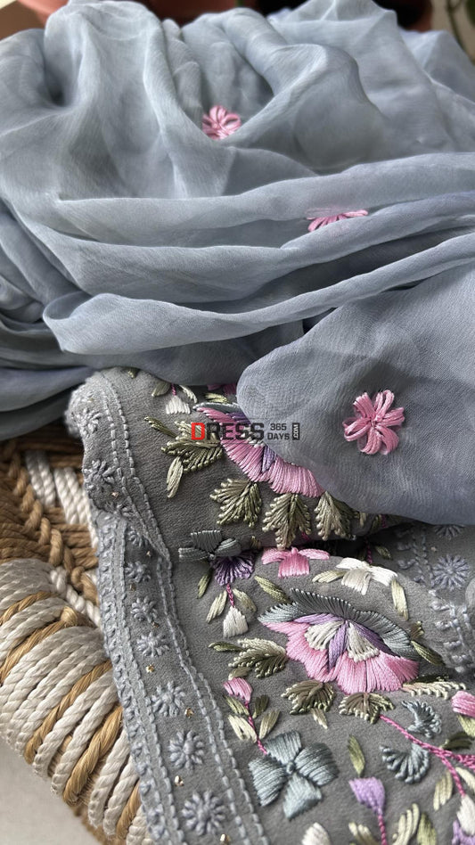 Exclusive Grey Chikankari Parsi Gara Daman Suit Suits