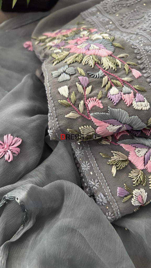 Exclusive Grey Chikankari Parsi Gara Daman Suit Suits