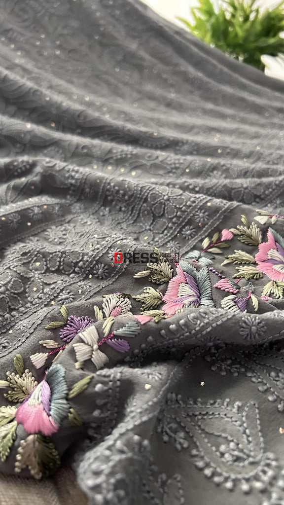 Exclusive Grey Chikankari Parsi Gara Daman Suit Suits