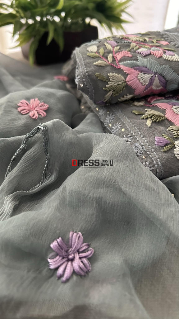 Exclusive Grey Chikankari Parsi Gara Daman Suit Suits