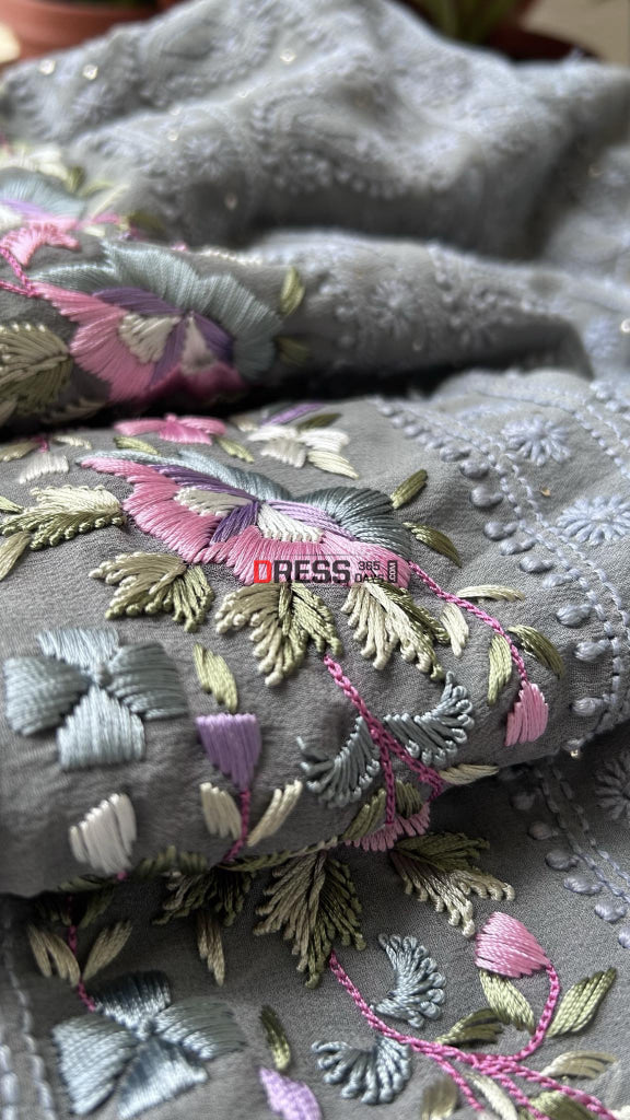 Exclusive Grey Chikankari Parsi Gara Daman Suit Suits