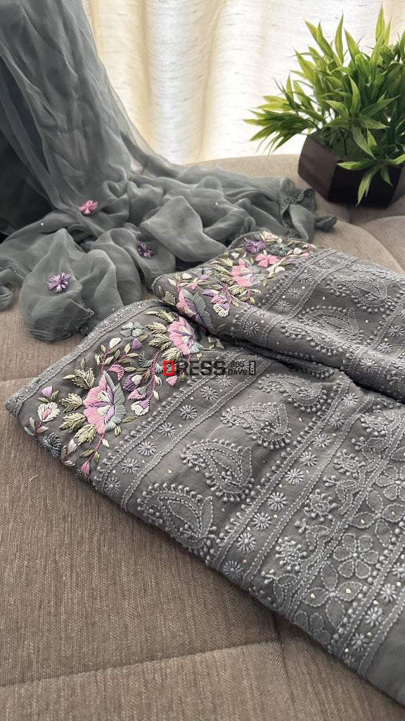 Exclusive Grey Chikankari Parsi Gara Daman Suit Suits