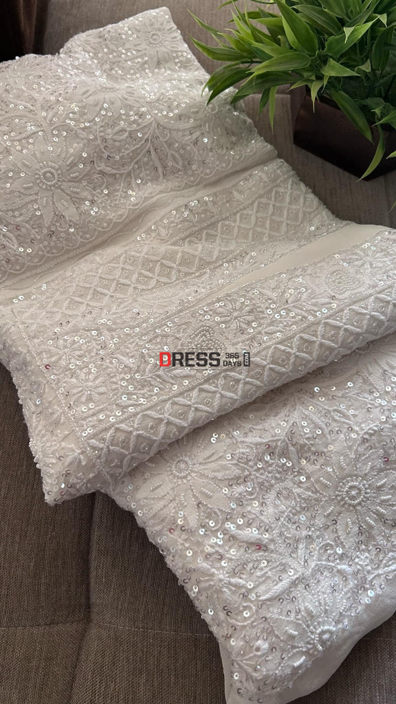 Fine Chikankari Cut Dana Sequins & Pearl Chikankari Suit (Kurta Dupatta) Chikankari Suits