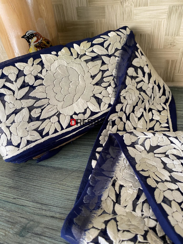 Fine Embroidery Parsi Gara Border- Navy & Ivory