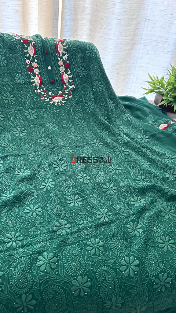 Green Chikankari Parsi Gara Neckline Kurta Dupatta Set Suits