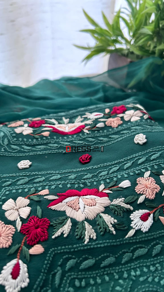 Green Chikankari Parsi Gara Neckline Kurta Dupatta Set Suits