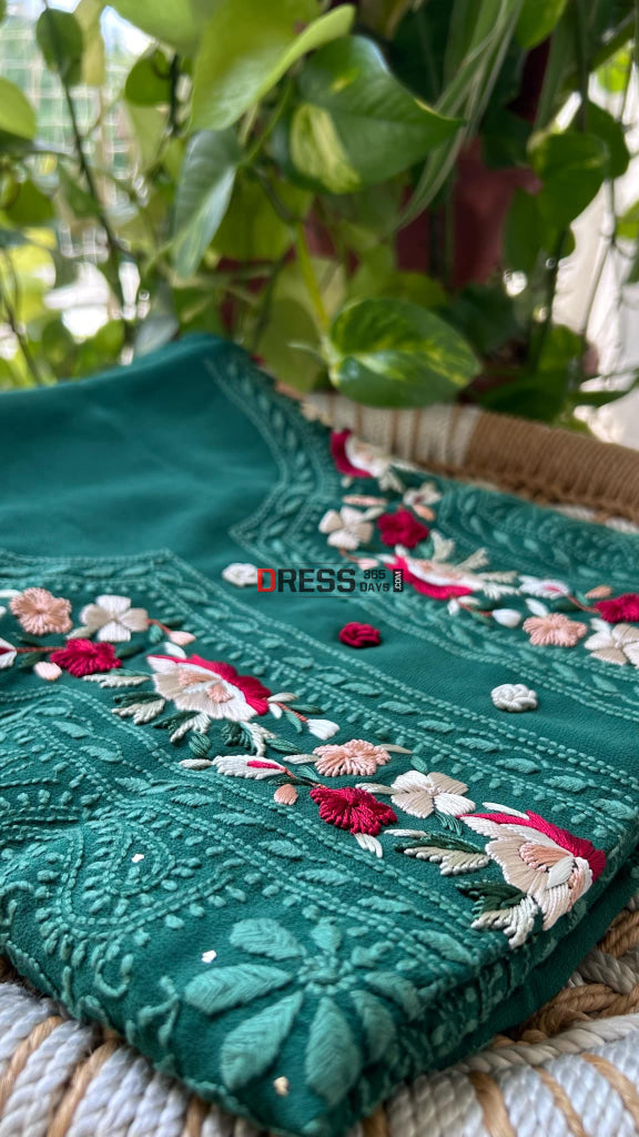 Green Chikankari Parsi Gara Neckline Kurta Dupatta Set Suits